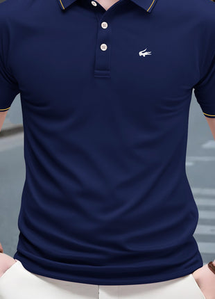 2025 Men’s Casual Polo Shirt – Regular Fit with Simple Crocodile & Geometric Patterns – Breathable Stretch Polyester Knit, Lapel Collar with Button Detail & Contrast Yellow Edging