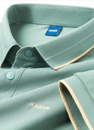 KAISER Men’s 100% Cotton Short Sleeve Shirt – Navy Blue with Beige Contrast Collar & Logo – Casual Button-Up for Summer