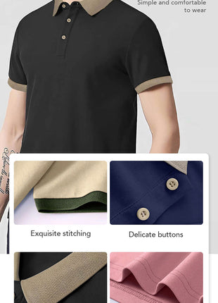 Milano-Inspired Men’s Polo Shirt – Beige with Green Collar & Button Accents – Elegant Henley-Style Design, Breathable Fabric for Summer Business Casual