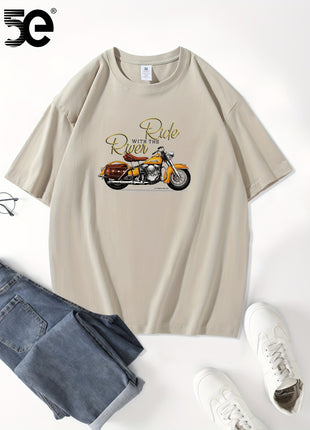 5E Men’s Casual T-Shirt – 100% Cotton Crew Neck Tee with Motorcycle Print – Heavyweight 230gsm Knit Fabric