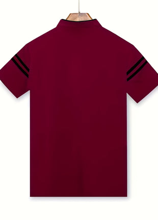 Men’s Black Polo Shirt with White Stripes – Short Sleeve Summer Tee with Stand Collar, Button-Up Closure – Polyester Knit for Sports, Outdoor, and Casual Wear