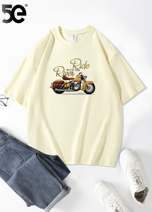 5E Men’s Casual T-Shirt – 100% Cotton Crew Neck Tee with Motorcycle Print – Heavyweight 230gsm Knit Fabric