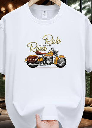 5E Men’s Casual T-Shirt – 100% Cotton Crew Neck Tee with Motorcycle Print – Heavyweight 230gsm Knit Fabric