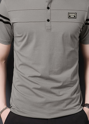 Men’s Black Polo Shirt with White Stripes – Short Sleeve Summer Tee with Stand Collar, Button-Up Closure – Polyester Knit for Sports, Outdoor, and Casual Wear