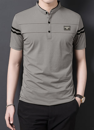 Men’s Black Polo Shirt with White Stripes – Short Sleeve Summer Tee with Stand Collar, Button-Up Closure – Polyester Knit for Sports, Outdoor, and Casual Wear