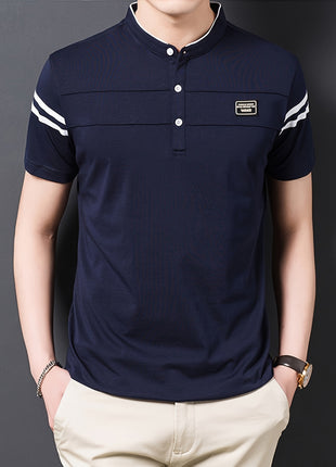 Men’s Black Polo Shirt with White Stripes – Short Sleeve Summer Tee with Stand Collar, Button-Up Closure – Polyester Knit for Sports, Outdoor, and Casual Wear