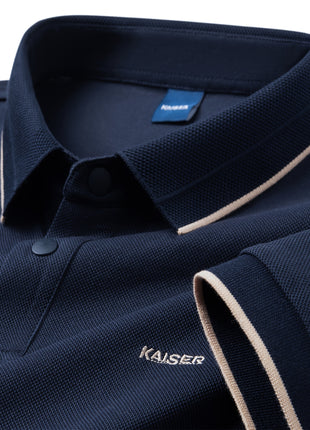 KAISER Men’s 100% Cotton Short Sleeve Shirt – Navy Blue with Beige Contrast Collar & Logo – Casual Button-Up for Summer