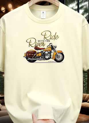 5E Men’s Casual T-Shirt – 100% Cotton Crew Neck Tee with Motorcycle Print – Heavyweight 230gsm Knit Fabric