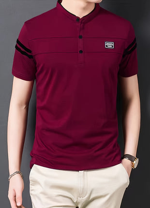 Men’s Black Polo Shirt with White Stripes – Short Sleeve Summer Tee with Stand Collar, Button-Up Closure – Polyester Knit for Sports, Outdoor, and Casual Wear