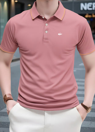 2025 Men’s Casual Polo Shirt – Regular Fit with Simple Crocodile & Geometric Patterns – Breathable Stretch Polyester Knit, Lapel Collar with Button Detail & Contrast Yellow Edging