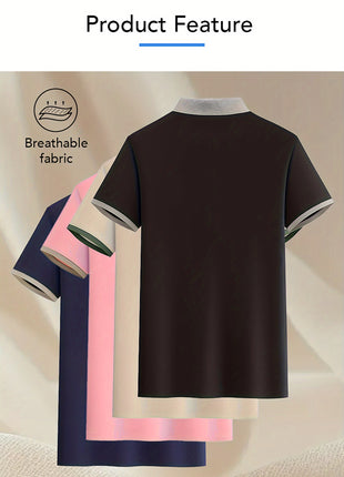 Milano-Inspired Men’s Polo Shirt – Beige with Green Collar & Button Accents – Elegant Henley-Style Design, Breathable Fabric for Summer Business Casual