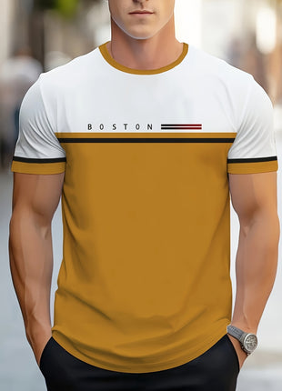 Men’s Casual Mesh T-Shirt – Breathable Polyester, Short Sleeve Crew Neck with Geometric Print