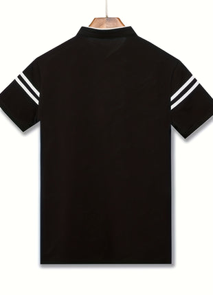 Men’s Black Polo Shirt with White Stripes – Short Sleeve Summer Tee with Stand Collar, Button-Up Closure – Polyester Knit for Sports, Outdoor, and Casual Wear