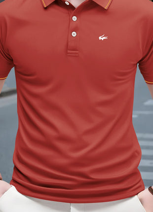 2025 Men’s Casual Polo Shirt – Regular Fit with Simple Crocodile & Geometric Patterns – Breathable Stretch Polyester Knit, Lapel Collar with Button Detail & Contrast Yellow Edging