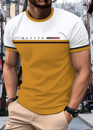 Men’s Casual Mesh T-Shirt – Breathable Polyester, Short Sleeve Crew Neck with Geometric Print