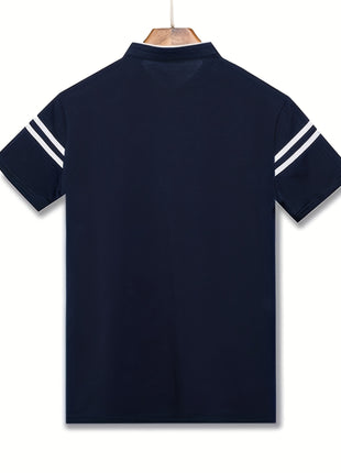 Men’s Black Polo Shirt with White Stripes – Short Sleeve Summer Tee with Stand Collar, Button-Up Closure – Polyester Knit for Sports, Outdoor, and Casual Wear