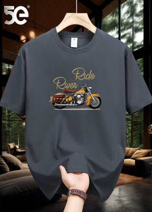 5E Men’s Casual T-Shirt – 100% Cotton Crew Neck Tee with Motorcycle Print – Heavyweight 230gsm Knit Fabric