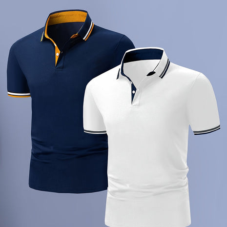 2-Pack Men’s Short-Sleeve Shirts with Contrast Collars – Lightweight Pastel Blue & Pink Polyester Tops – Turn-Down Collar, Button-Up, Regular Fit – Ideal for Summer, Casual & Business-Casual Wear