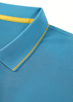 2025 Men’s Casual Polo Shirt – Regular Fit with Simple Crocodile & Geometric Patterns – Breathable Stretch Polyester Knit, Lapel Collar with Button Detail & Contrast Yellow Edging