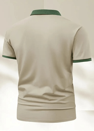Milano-Inspired Men’s Polo Shirt – Beige with Green Collar & Button Accents – Elegant Henley-Style Design, Breathable Fabric for Summer Business Casual