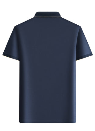 KAISER Men’s 100% Cotton Short Sleeve Shirt – Navy Blue with Beige Contrast Collar & Logo – Casual Button-Up for Summer