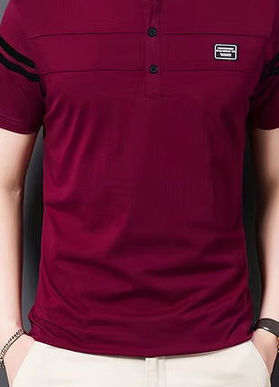 Men’s Black Polo Shirt with White Stripes – Short Sleeve Summer Tee with Stand Collar, Button-Up Closure – Polyester Knit for Sports, Outdoor, and Casual Wear