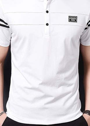 Men’s Black Polo Shirt with White Stripes – Short Sleeve Summer Tee with Stand Collar, Button-Up Closure – Polyester Knit for Sports, Outdoor, and Casual Wear