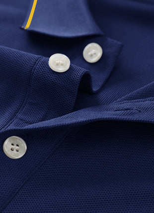 2025 Men’s Casual Polo Shirt – Regular Fit with Simple Crocodile & Geometric Patterns – Breathable Stretch Polyester Knit, Lapel Collar with Button Detail & Contrast Yellow Edging