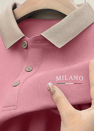 Milano-Inspired Men’s Polo Shirt – Beige with Green Collar & Button Accents – Elegant Henley-Style Design, Breathable Fabric for Summer Business Casual