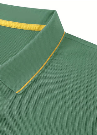 2025 Men’s Casual Polo Shirt – Regular Fit with Simple Crocodile & Geometric Patterns – Breathable Stretch Polyester Knit, Lapel Collar with Button Detail & Contrast Yellow Edging