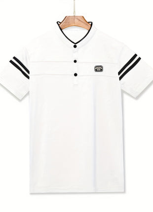 Men’s Black Polo Shirt with White Stripes – Short Sleeve Summer Tee with Stand Collar, Button-Up Closure – Polyester Knit for Sports, Outdoor, and Casual Wear
