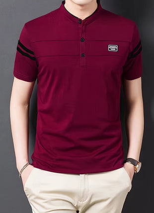 Men’s Black Polo Shirt with White Stripes – Short Sleeve Summer Tee with Stand Collar, Button-Up Closure – Polyester Knit for Sports, Outdoor, and Casual Wear