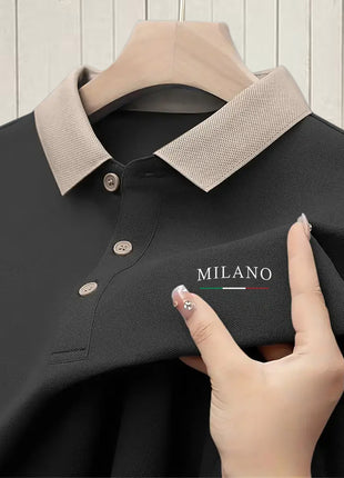 Milano-Inspired Men’s Polo Shirt – Beige with Green Collar & Button Accents – Elegant Henley-Style Design, Breathable Fabric for Summer Business Casual