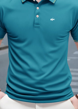 2025 Men’s Casual Polo Shirt – Regular Fit with Simple Crocodile & Geometric Patterns – Breathable Stretch Polyester Knit, Lapel Collar with Button Detail & Contrast Yellow Edging
