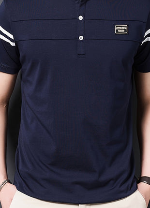 Men’s Black Polo Shirt with White Stripes – Short Sleeve Summer Tee with Stand Collar, Button-Up Closure – Polyester Knit for Sports, Outdoor, and Casual Wear