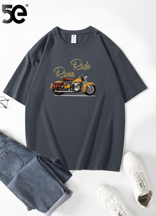 5E Men’s Casual T-Shirt – 100% Cotton Crew Neck Tee with Motorcycle Print – Heavyweight 230gsm Knit Fabric
