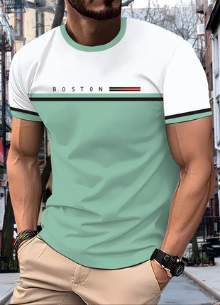 Men’s Casual Mesh T-Shirt – Breathable Polyester, Short Sleeve Crew Neck with Geometric Print