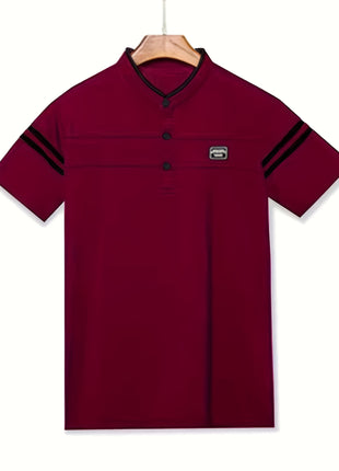 Men’s Black Polo Shirt with White Stripes – Short Sleeve Summer Tee with Stand Collar, Button-Up Closure – Polyester Knit for Sports, Outdoor, and Casual Wear