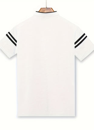 Men’s Black Polo Shirt with White Stripes – Short Sleeve Summer Tee with Stand Collar, Button-Up Closure – Polyester Knit for Sports, Outdoor, and Casual Wear