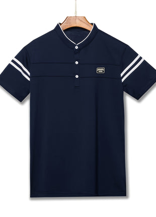 Men’s Black Polo Shirt with White Stripes – Short Sleeve Summer Tee with Stand Collar, Button-Up Closure – Polyester Knit for Sports, Outdoor, and Casual Wear