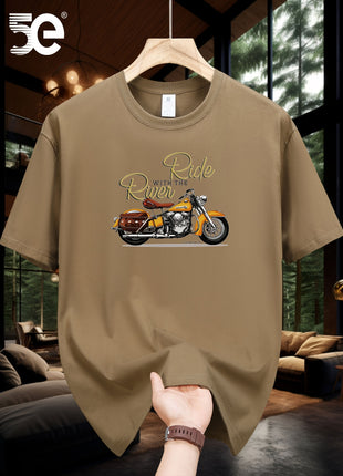 5E Men’s Casual T-Shirt – 100% Cotton Crew Neck Tee with Motorcycle Print – Heavyweight 230gsm Knit Fabric