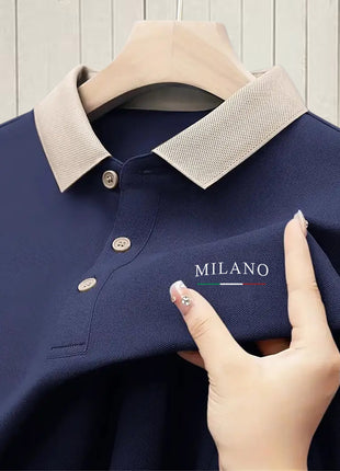 Milano-Inspired Men’s Polo Shirt – Beige with Green Collar & Button Accents – Elegant Henley-Style Design, Breathable Fabric for Summer Business Casual