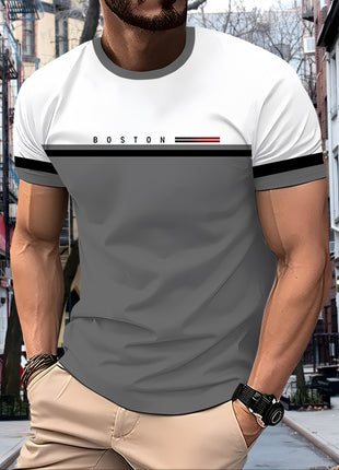 Men’s Casual Mesh T-Shirt – Breathable Polyester, Short Sleeve Crew Neck with Geometric Print