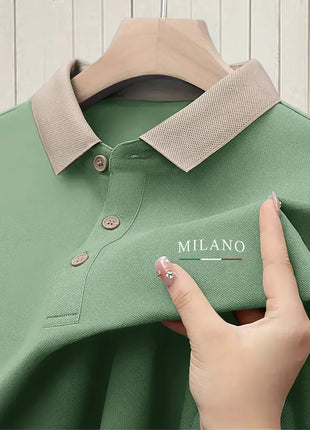 Milano-Inspired Men’s Polo Shirt – Beige with Green Collar & Button Accents – Elegant Henley-Style Design, Breathable Fabric for Summer Business Casual