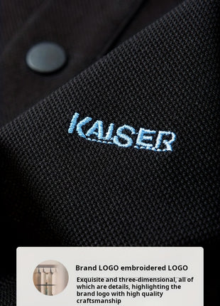 KAISER Men’s 100% Cotton Short Sleeve Shirt – Navy Blue with Beige Contrast Collar & Logo – Casual Button-Up for Summer