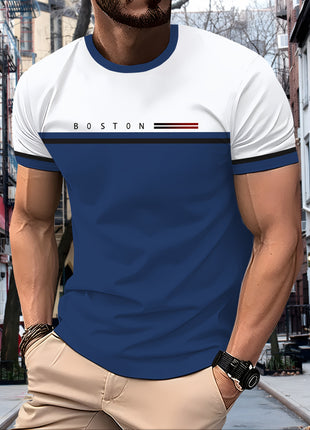Men’s Casual Mesh T-Shirt – Breathable Polyester, Short Sleeve Crew Neck with Geometric Print