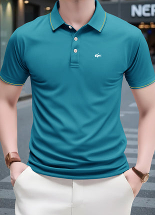 2025 Men’s Casual Polo Shirt – Regular Fit with Simple Crocodile & Geometric Patterns – Breathable Stretch Polyester Knit, Lapel Collar with Button Detail & Contrast Yellow Edging