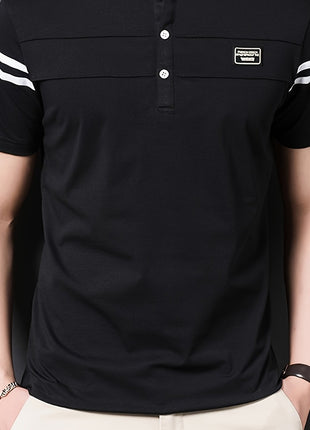 Men’s Black Polo Shirt with White Stripes – Short Sleeve Summer Tee with Stand Collar, Button-Up Closure – Polyester Knit for Sports, Outdoor, and Casual Wear