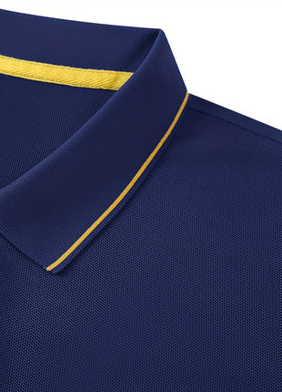 2025 Men’s Casual Polo Shirt – Regular Fit with Simple Crocodile & Geometric Patterns – Breathable Stretch Polyester Knit, Lapel Collar with Button Detail & Contrast Yellow Edging