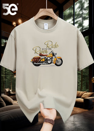 5E Men’s Casual T-Shirt – 100% Cotton Crew Neck Tee with Motorcycle Print – Heavyweight 230gsm Knit Fabric